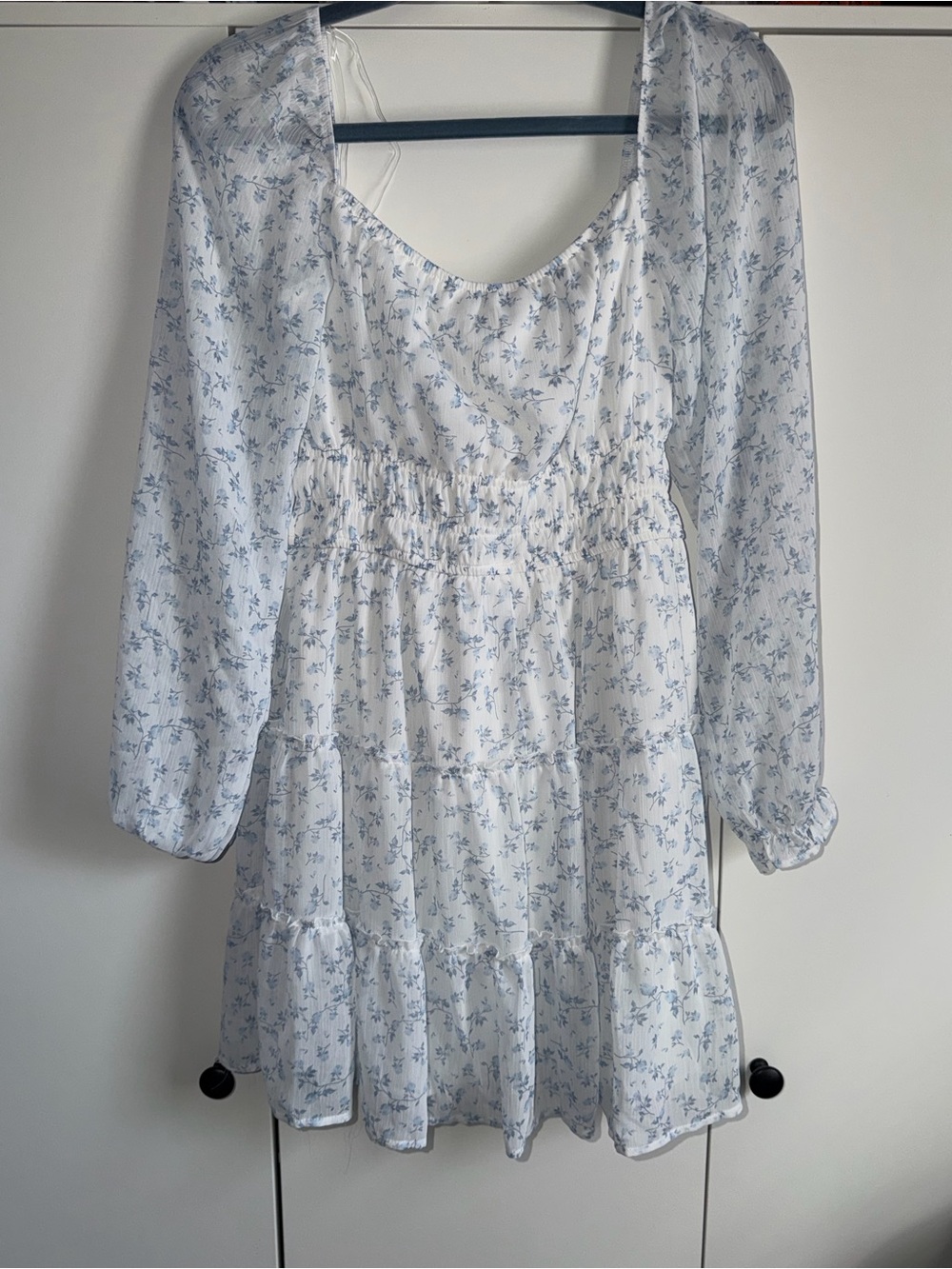 White Light Blue Floral Long-Sleeve Mini Dress